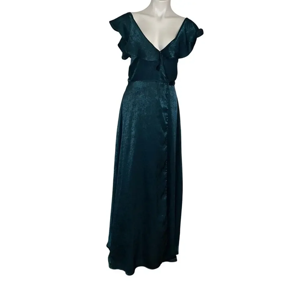 Lulus women’s New off the shoulder mariah satin emerald green wrap maxi dress - Picture 1 of 14